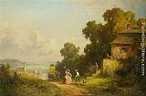 Village Canvas Paintings - Figures and a Carriage on a Path with a Village Beyond